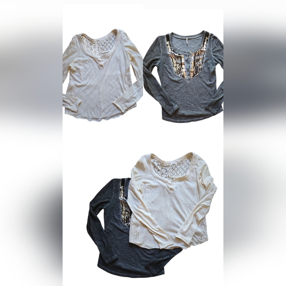 Free People Henley Top Bundle – Women’s Small – Gray Sequin & Cream Crochet Back - Picture 1 of 9